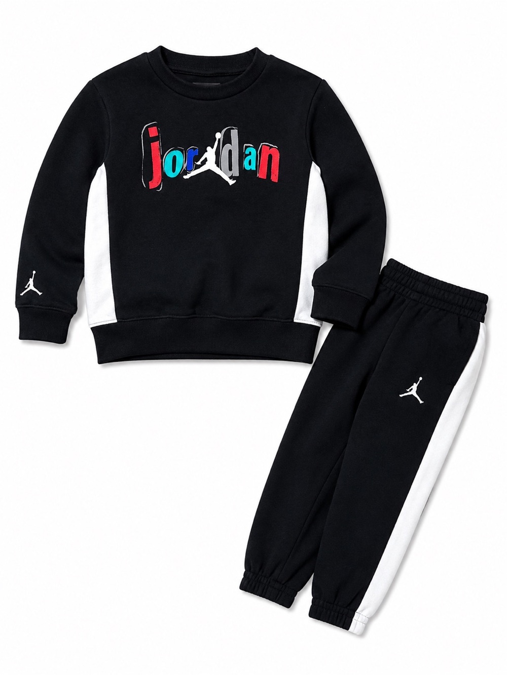 Jordan Black Sweatpants and Sweatshirt White Side Panels and Multicolor Logo